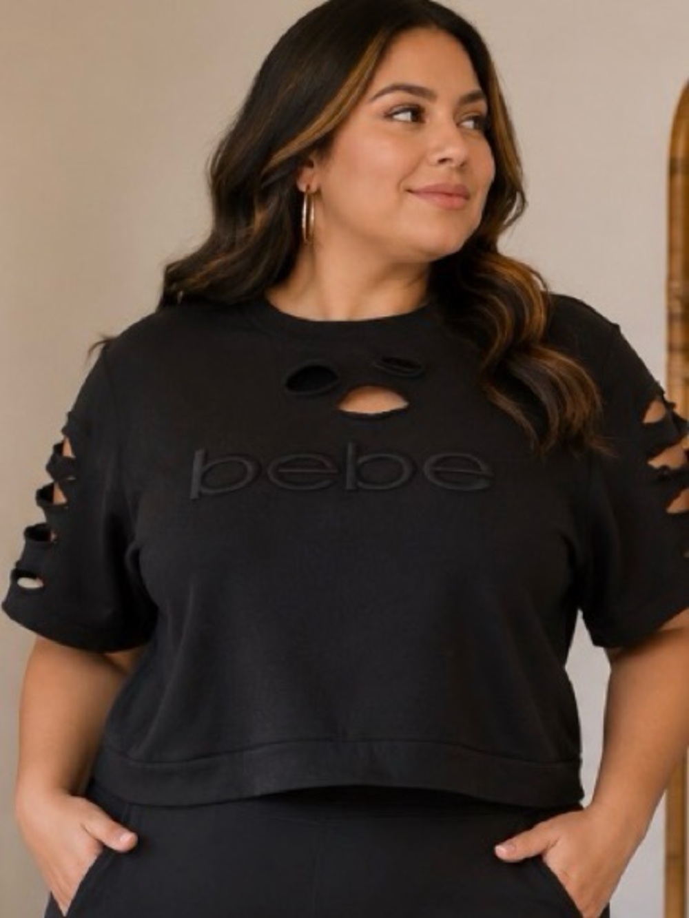 Bebe Sport Black Distressed Cutout Sweater|Plus Size 2X Edgy Athleisure